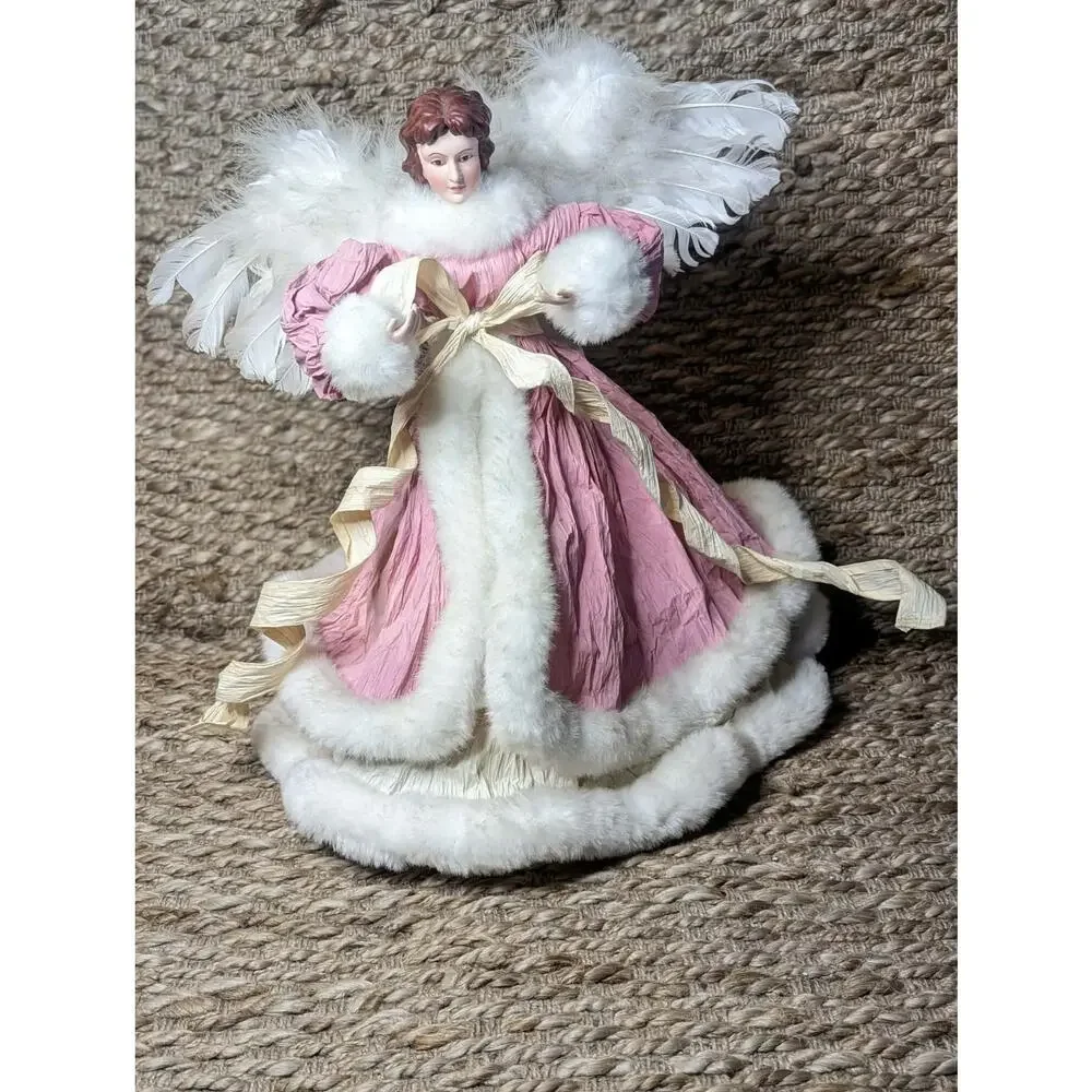 Christmas Pink Shabby Chic Faux Fur Feathers Victorian Angel Tree Topper 16